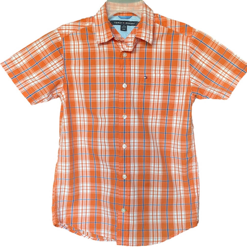 Tommy Hilfiger Boys’ Orange Plaid Short Sleeve Buttondown Shirt 12/14